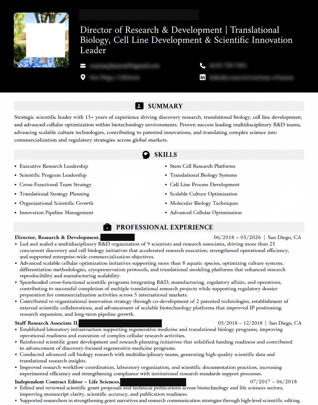 Sample executive resume — Director of Research & Development