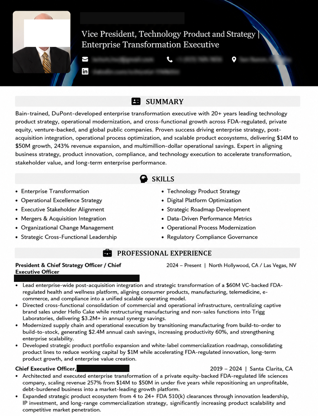 Sample executive resume — VP Technology Product & Strategy