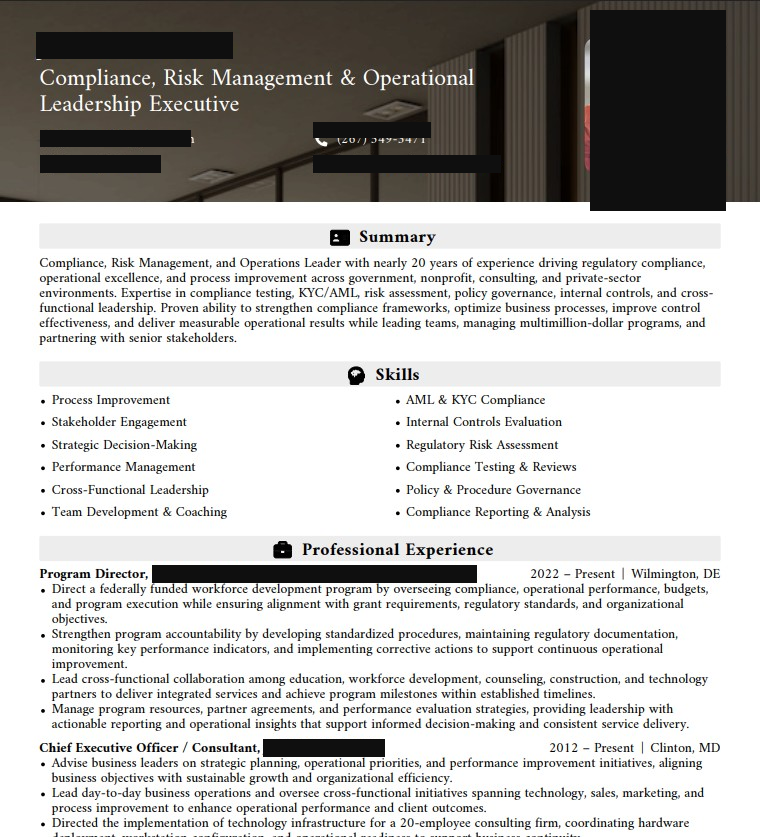 Sample executive resume — Compliance & Risk Management Executive