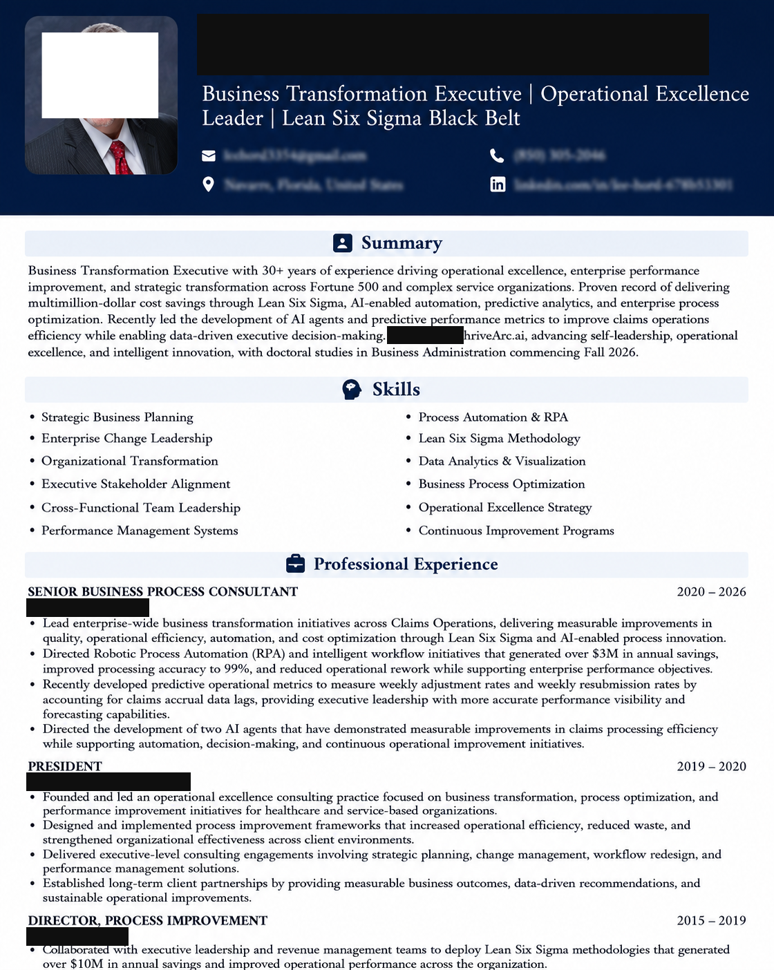 Sample executive resume — Business Transformation Executive