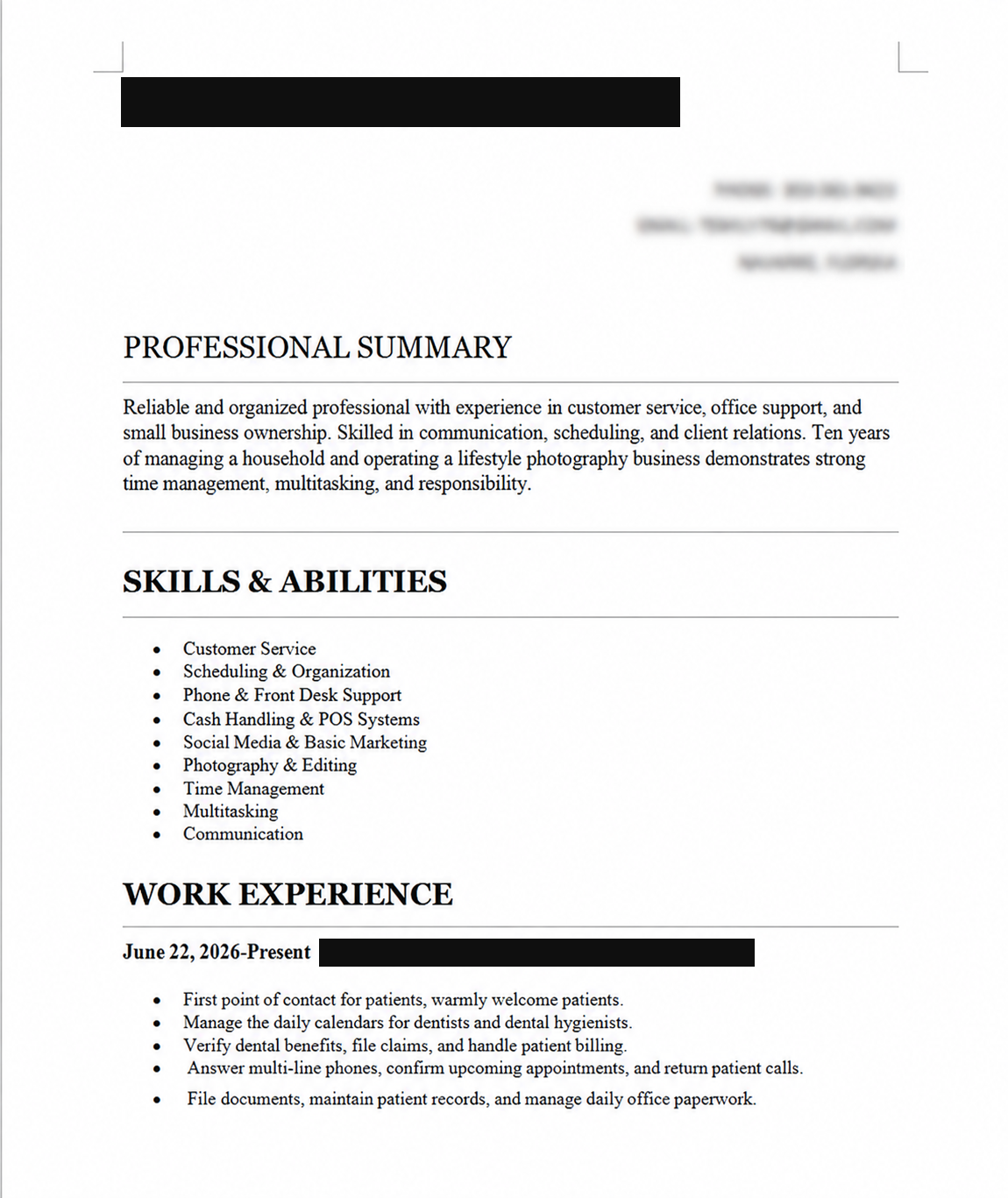Grace's resume before Virtue Careers transformation
