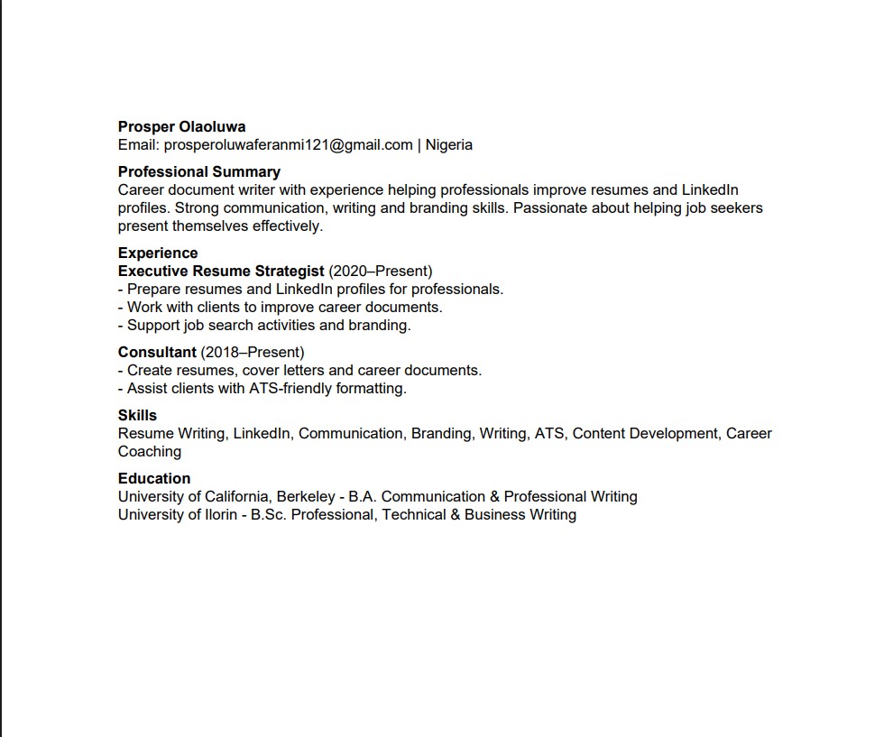 Resume before Virtue Careers transformation